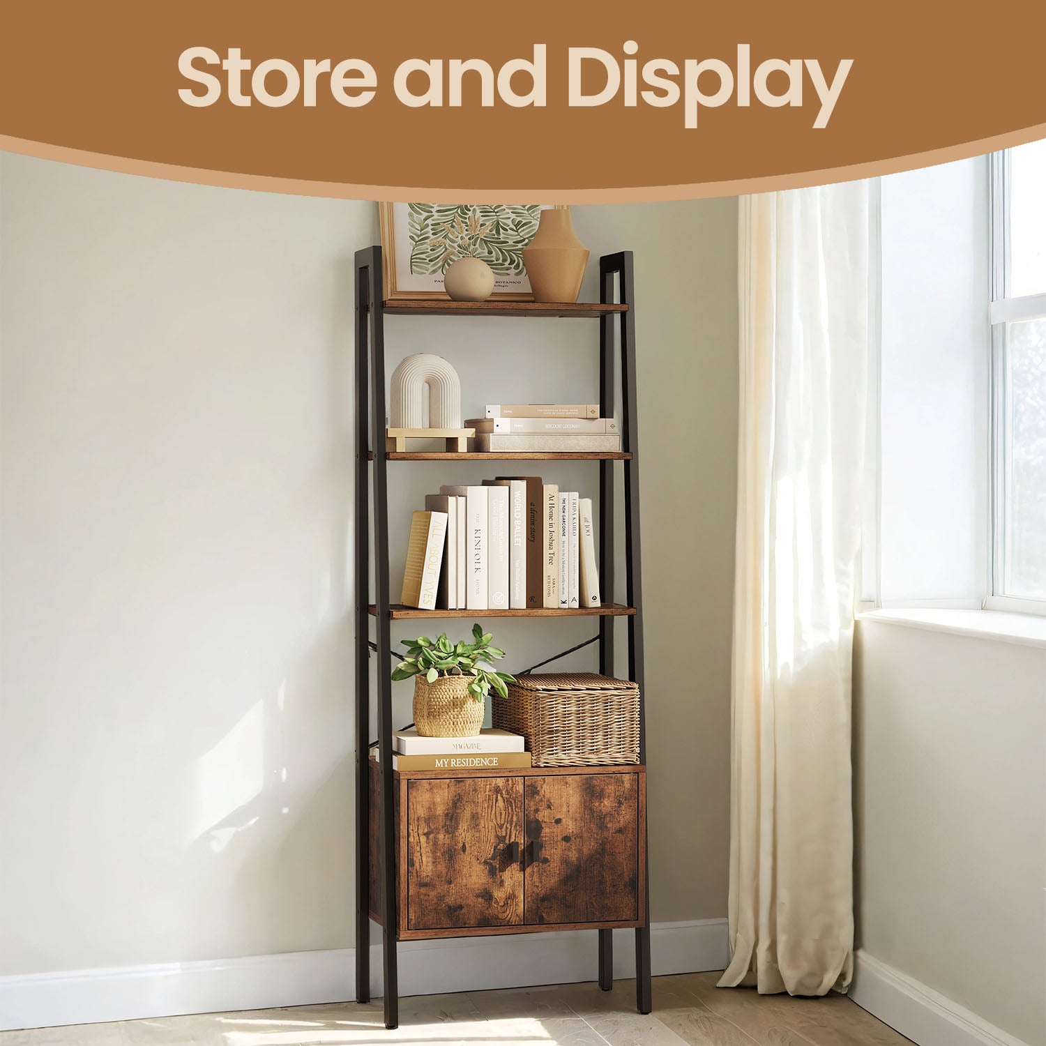 Bookcase with Cabinet, 4-Tier Storage Shelf, Bookshelf for Living Room or Bedroom, Metal Frame, Brown - image 2
