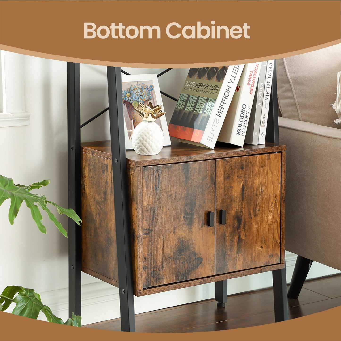 Bookcase with Cabinet, 4-Tier Storage Shelf, Bookshelf for Living Room or Bedroom, Metal Frame, Brown - image 3