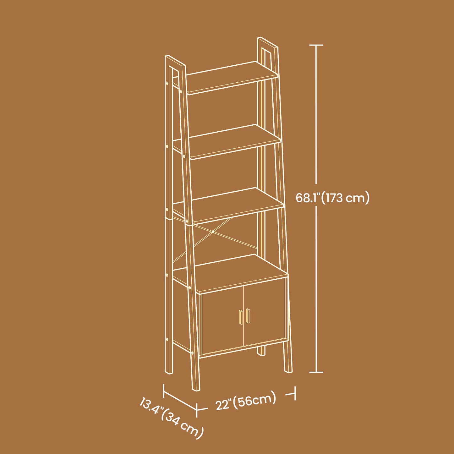 Bookcase with Cabinet, 4-Tier Storage Shelf, Bookshelf for Living Room or Bedroom, Metal Frame, Brown - image 5