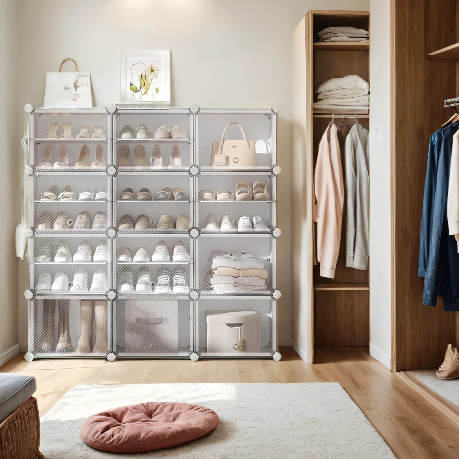 Modular Shoe Storage Shelf, 12 Slot Plastic Shoe Organiser with Doors, Entryway, Wardrobe, White - image 1