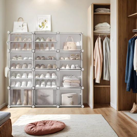 Modular Shoe Storage Shelf, 12 Slot Plastic Shoe Organiser with Doors, Entryway, Wardrobe, White - image 1