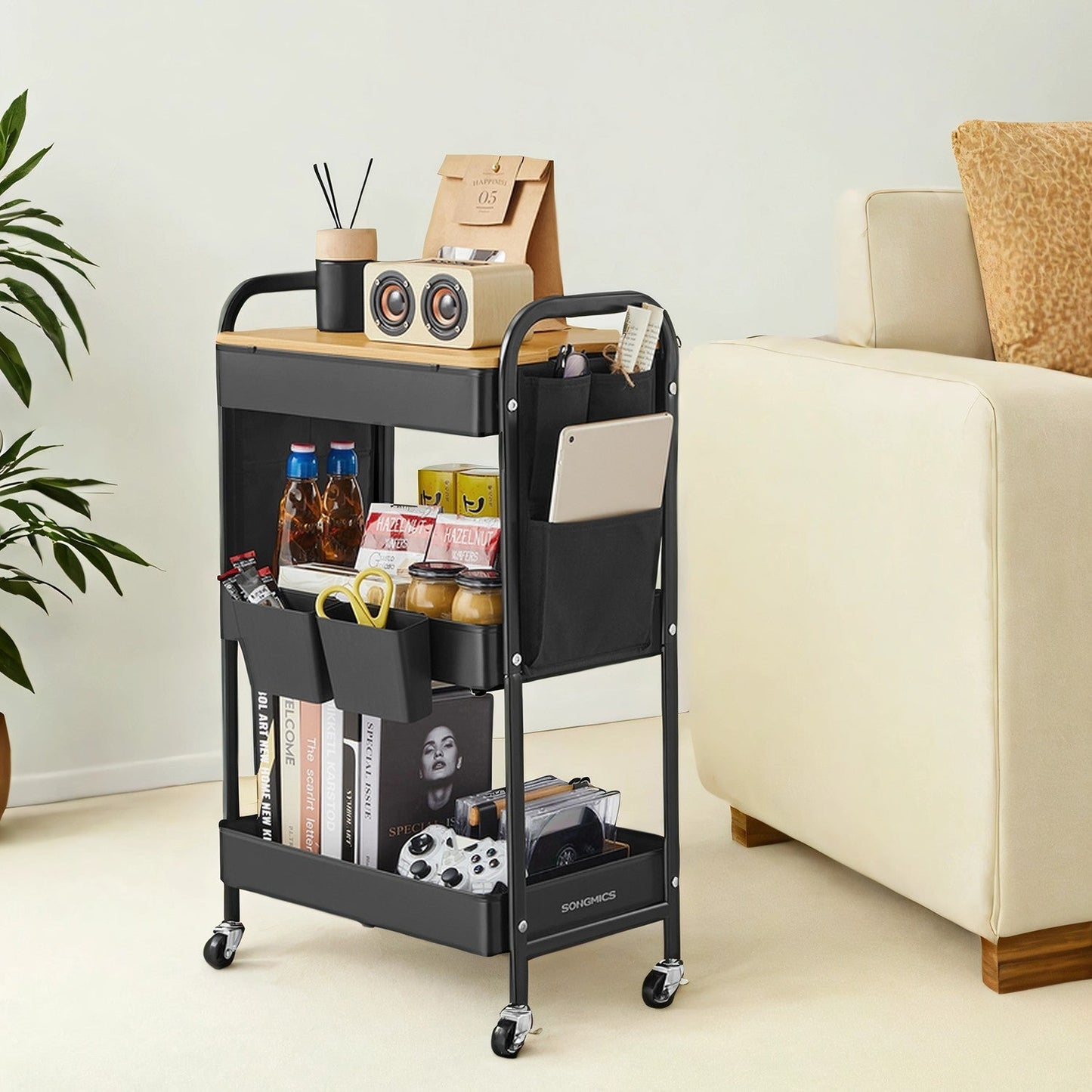 Utility Cart with Tabletop, 3-Tier Rolling Organizer, Removable Hanging Cups - image 8