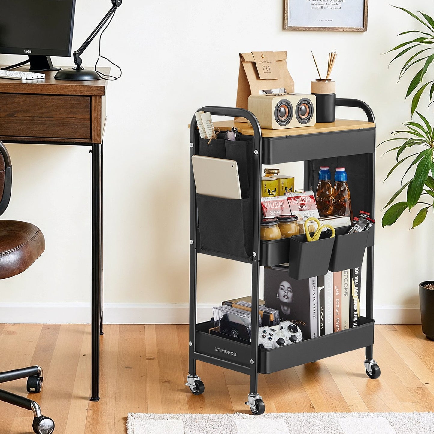 Utility Cart with Tabletop, 3-Tier Rolling Organizer, Removable Hanging Cups - image 9