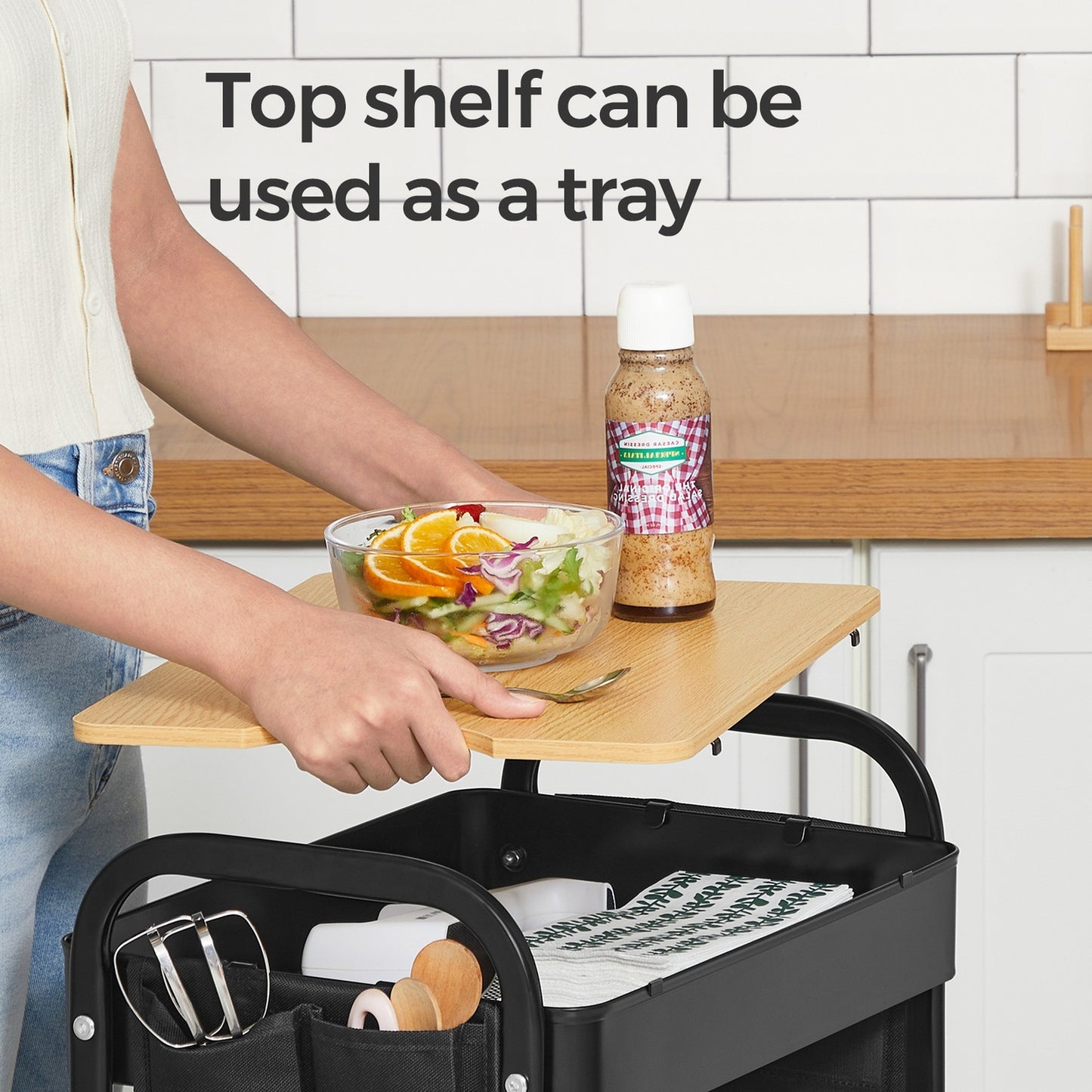 Utility Cart with Tabletop, 3-Tier Rolling Organizer, Removable Hanging Cups - image 10