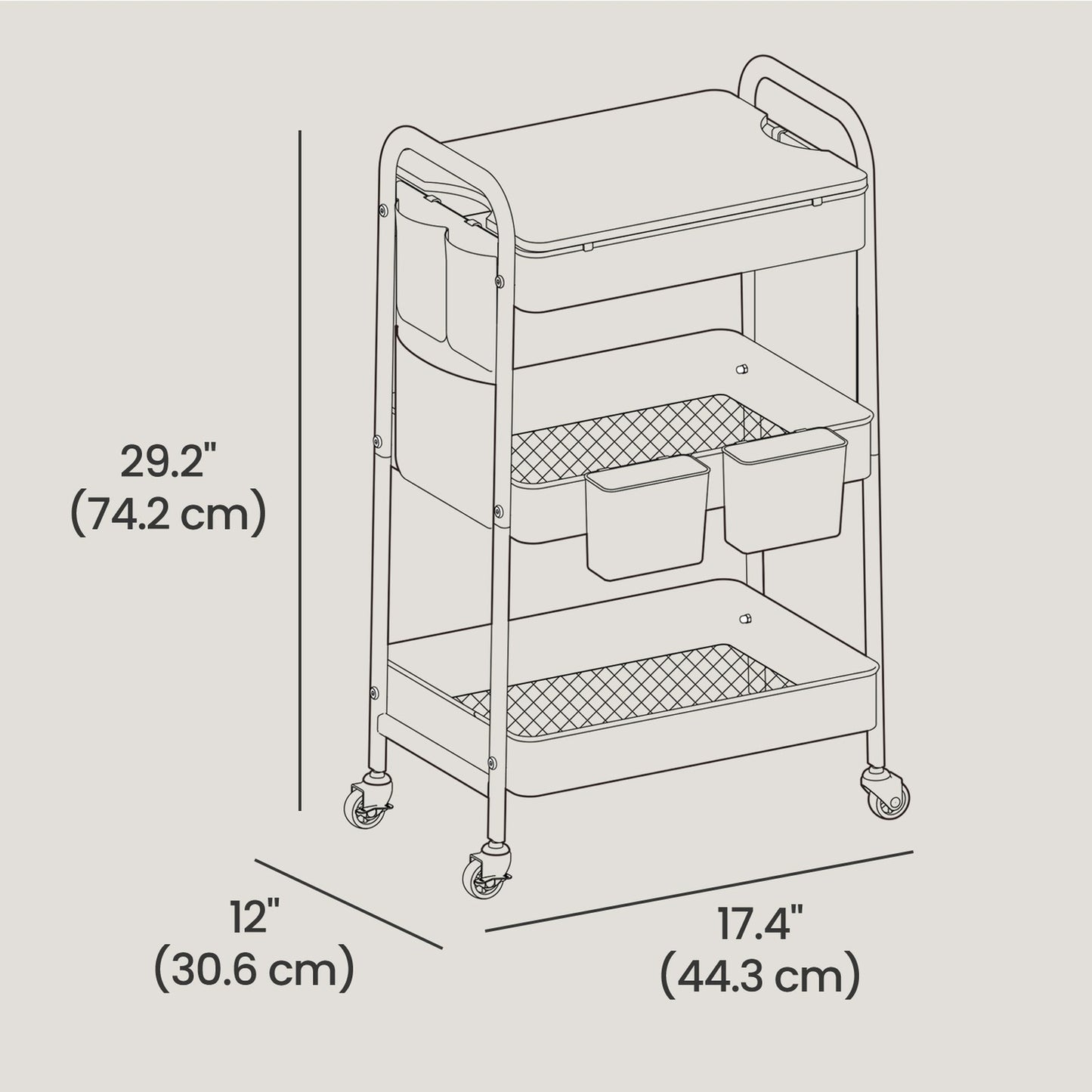 Utility Cart with Tabletop, 3-Tier Rolling Organizer, Removable Hanging Cups - image 12