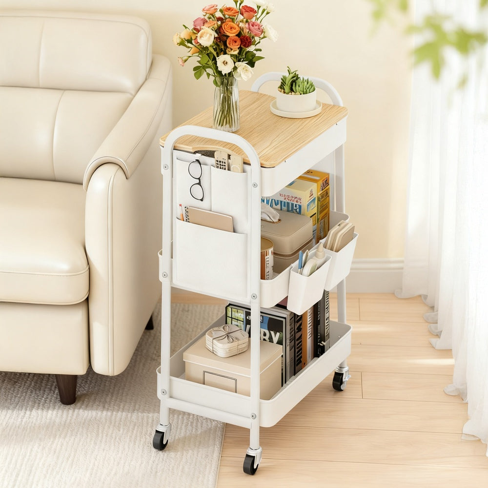 Utility Cart with Tabletop, 3-Tier Rolling Organizer, Removable Hanging Cups - image 2