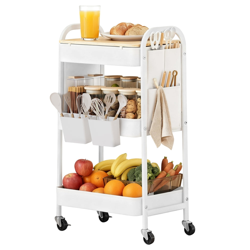 Utility Cart with Tabletop, 3-Tier Rolling Organizer, Removable Hanging Cups - image 3