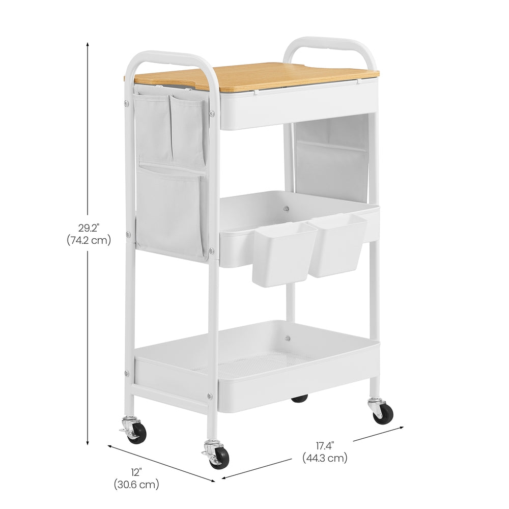 Utility Cart with Tabletop, 3-Tier Rolling Organizer, Removable Hanging Cups - image 4