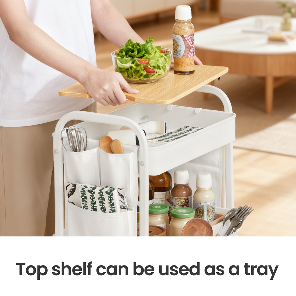Utility Cart with Tabletop, 3-Tier Rolling Organizer, Removable Hanging Cups - image 5