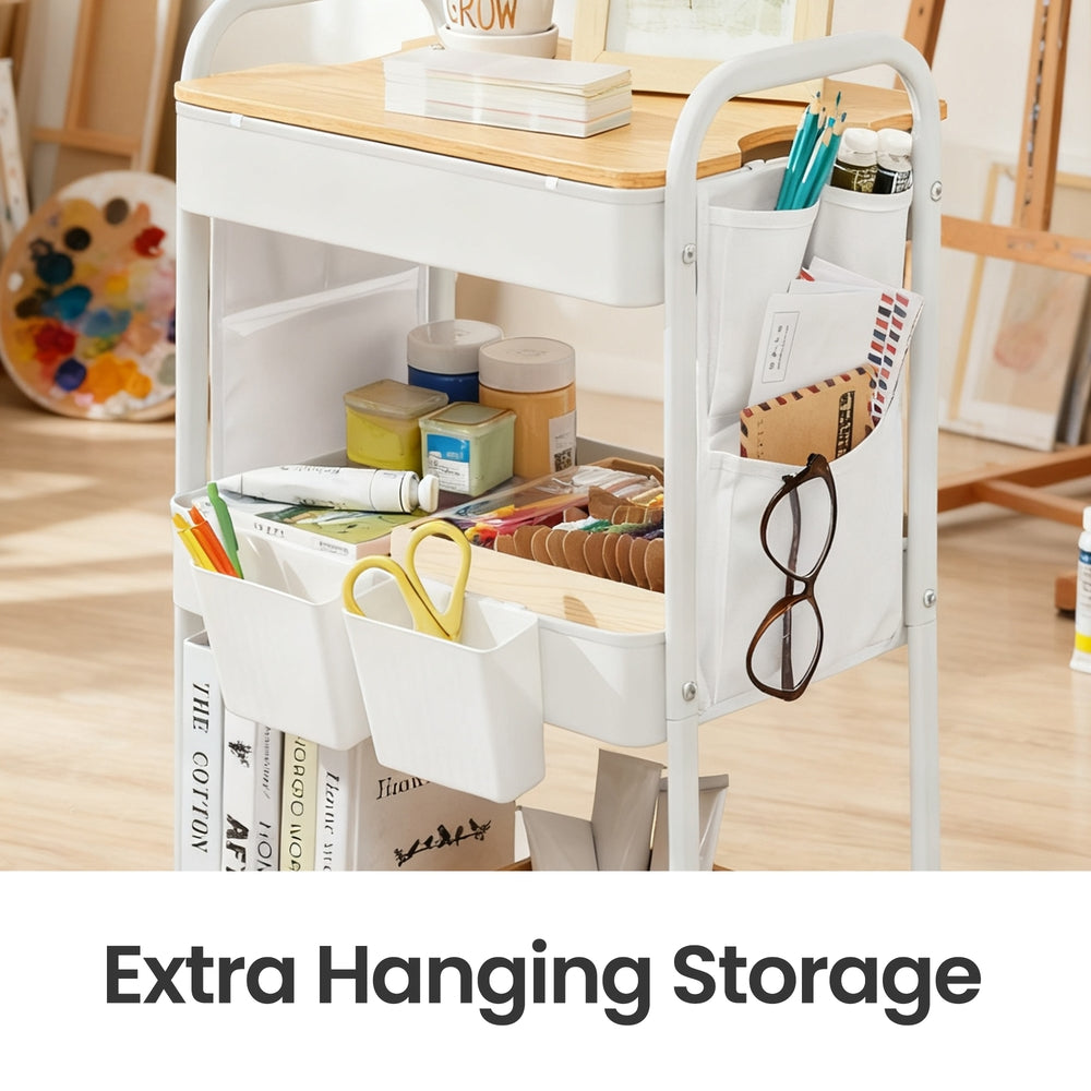 Utility Cart with Tabletop, 3-Tier Rolling Organizer, Removable Hanging Cups - image 6