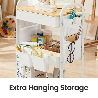 Utility Cart with Tabletop, 3-Tier Rolling Organizer, Removable Hanging Cups - image 6