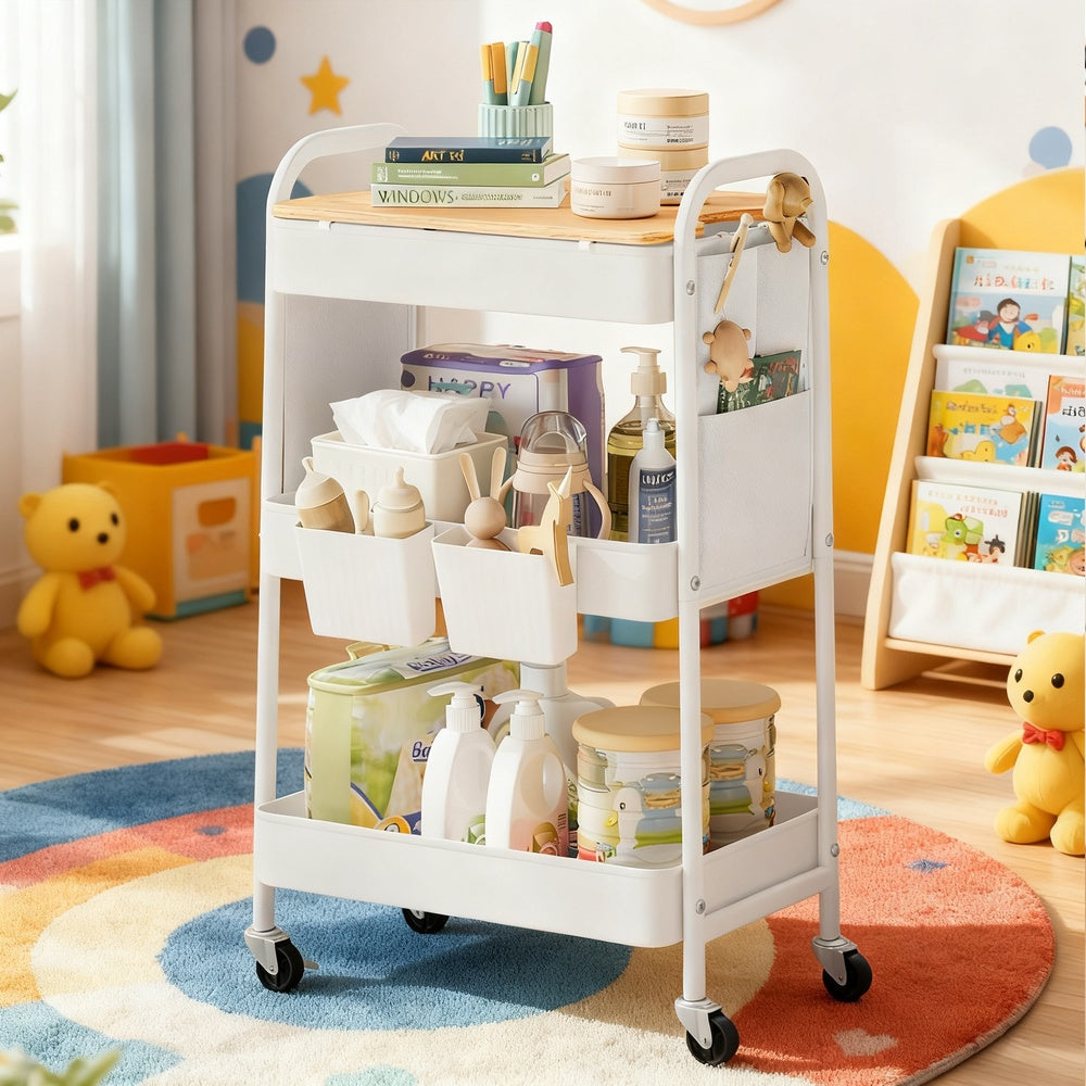 Utility Cart with Tabletop, 3-Tier Rolling Organizer, Removable Hanging Cups - image 7