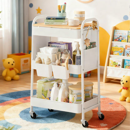 Utility Cart with Tabletop, 3-Tier Rolling Organizer, Removable Hanging Cups - image 7