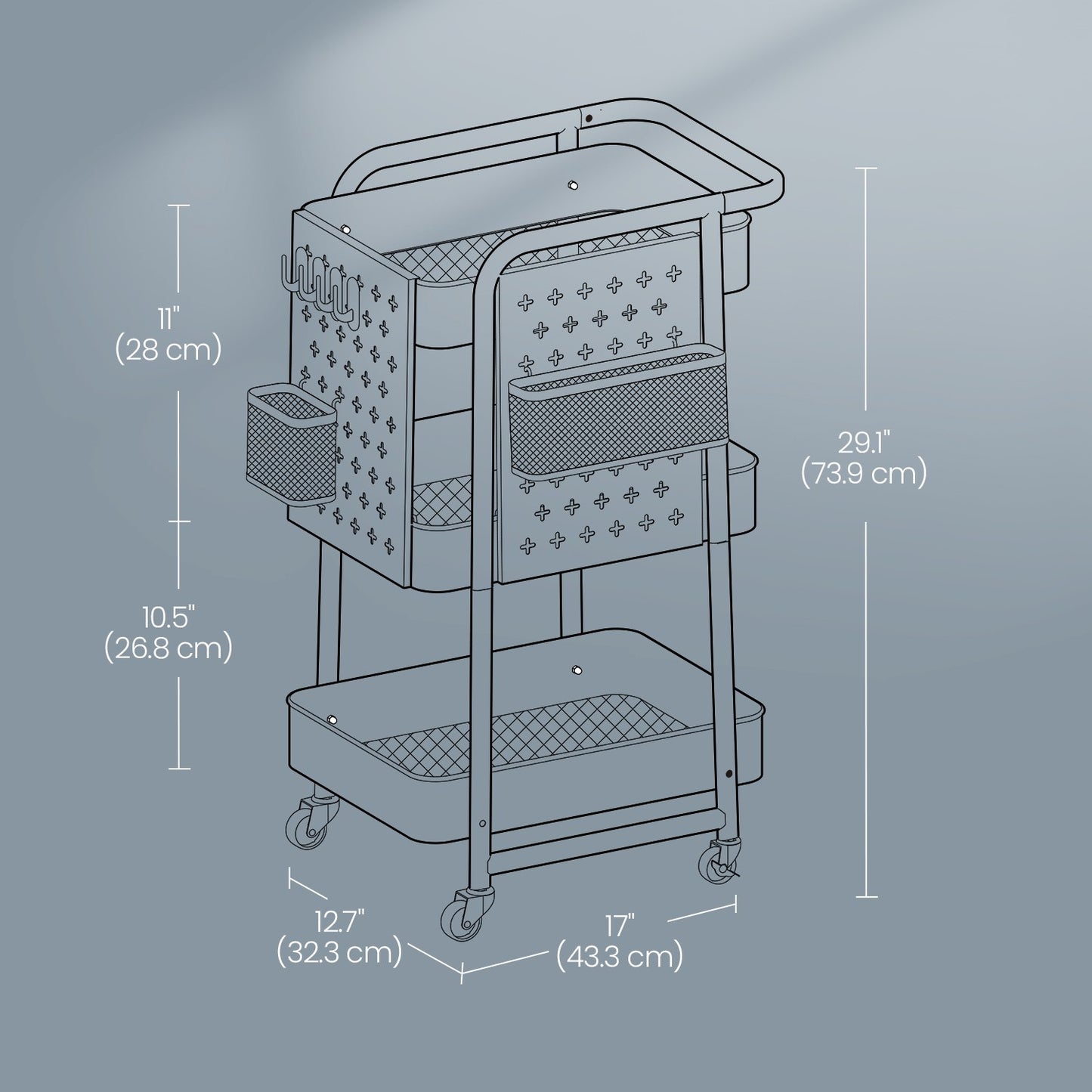 Rolling Utility Cart, 3-Tier Storage Cart, 2 Removable Pegboards - image 5