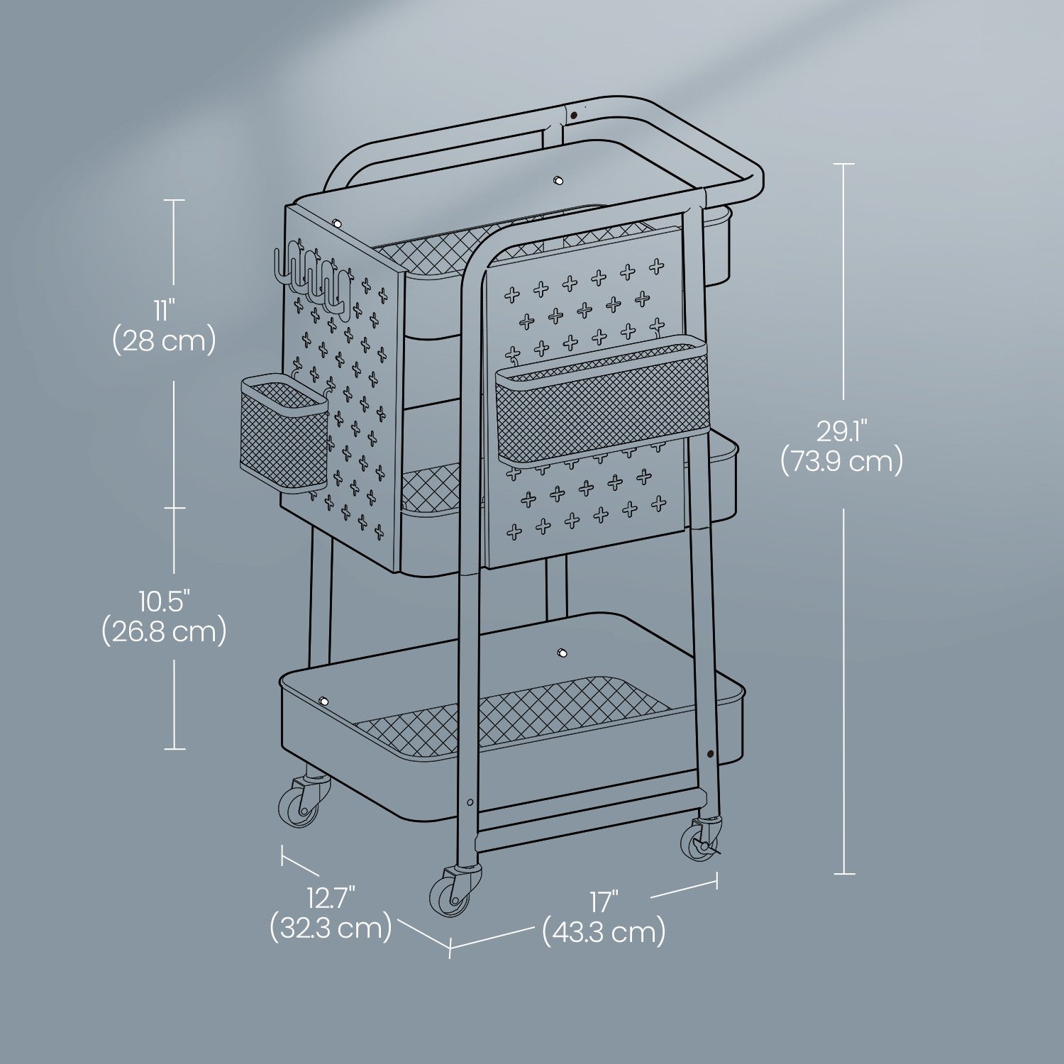 Rolling Utility Cart, 3-Tier Storage Cart, 2 Removable Pegboards - image 5