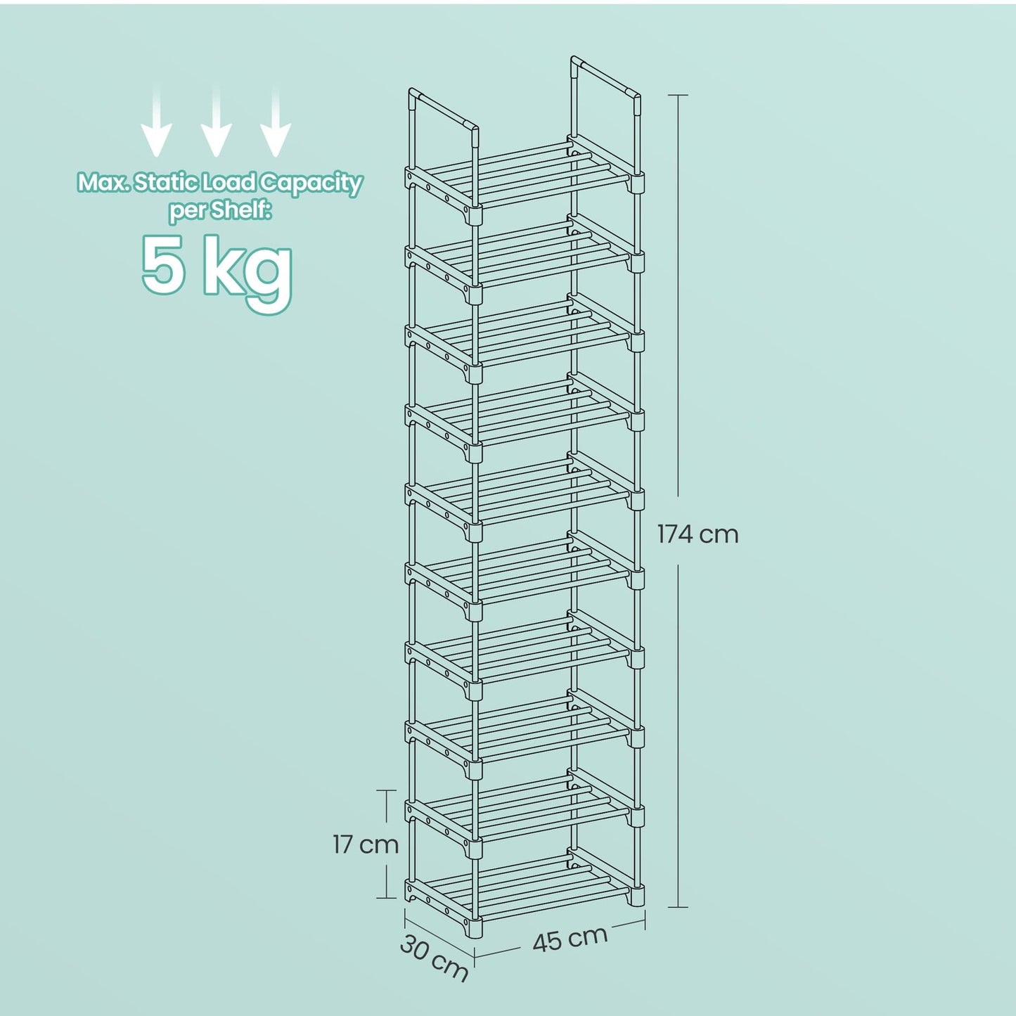 10-Tier Shoe Organiser, Adjustable Metal Shoe Storage Rack, for Hallway or Dressing Room, Black - image 5