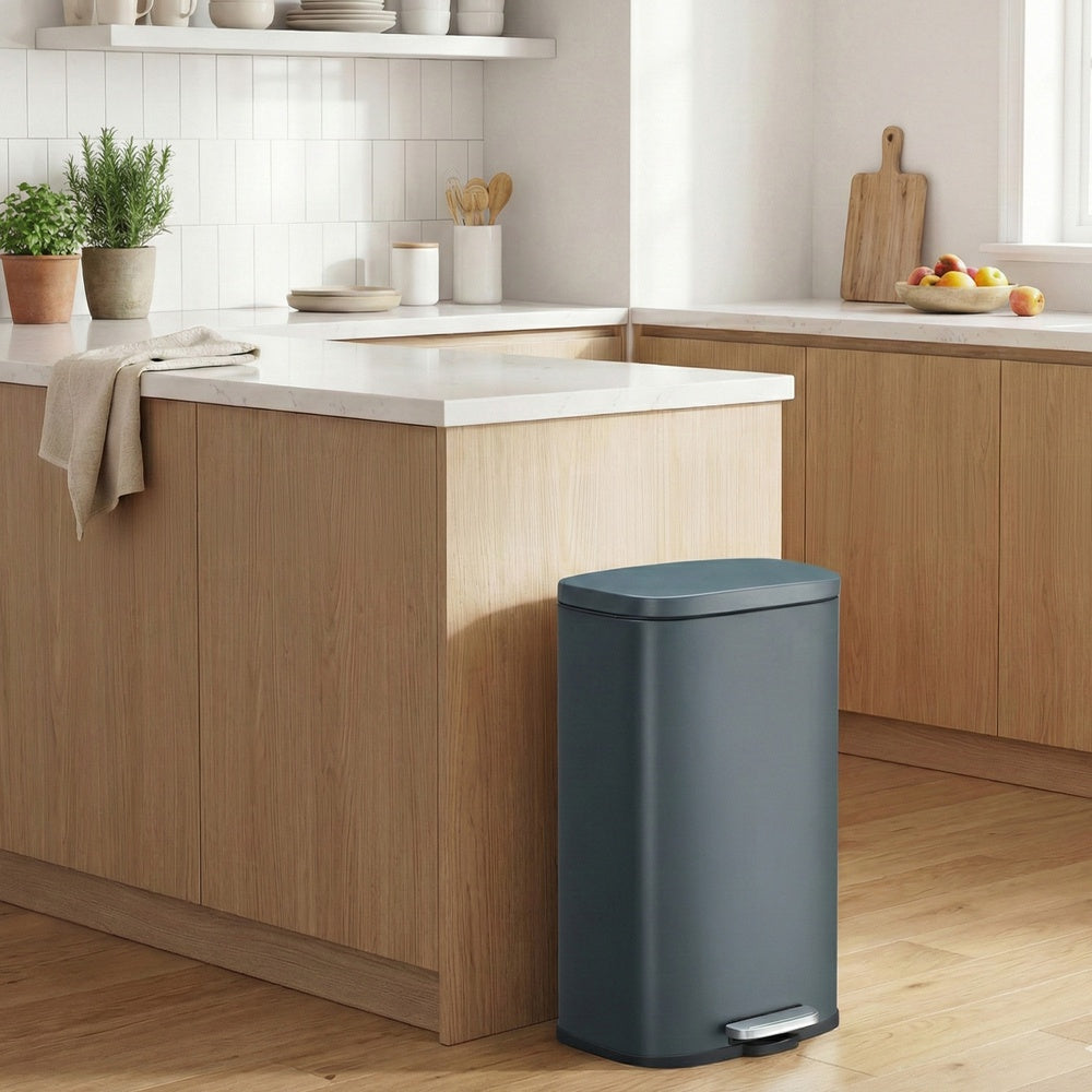 Pedal Rubbish Bin 30L, Soft-Close Lid Kitchen Waste Bin with Inner Bucket, Steel, for Home, Grey - image 2