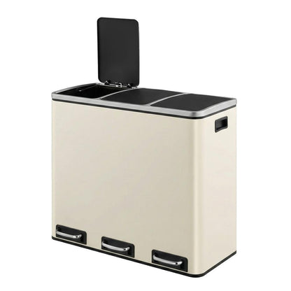 Triple Pedal Bin, 54 L Recycling Kitchen Waste Bin, Soft-Close Lids, Steel, for Home, Beige - image 2
