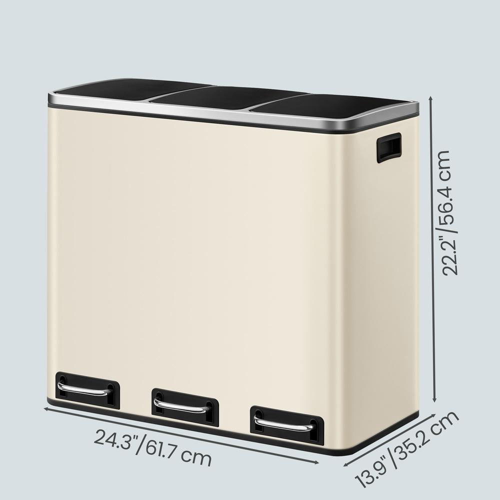 Triple Pedal Bin, 54 L Recycling Kitchen Waste Bin, Soft-Close Lids, Steel, for Home, Beige - image 4