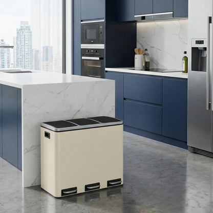 Triple Pedal Bin, 54 L Recycling Kitchen Waste Bin, Soft-Close Lids, Steel, for Home, Beige - image 3