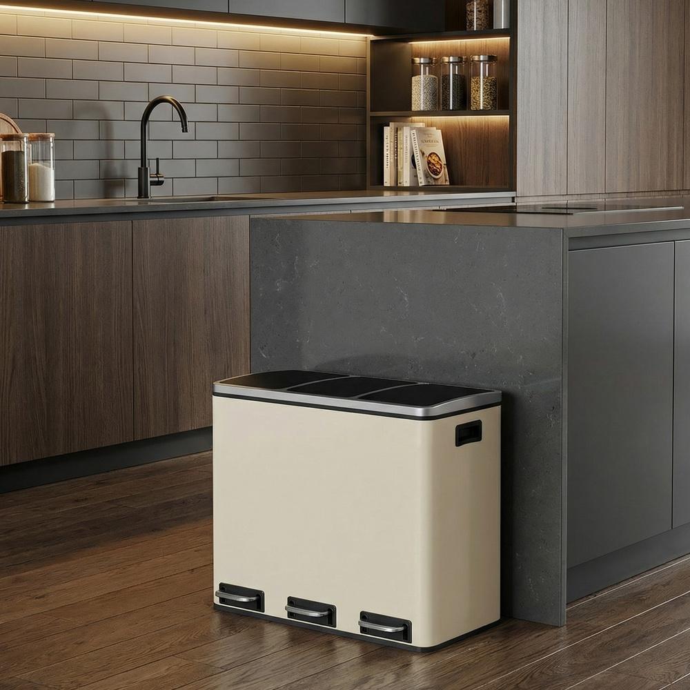 Triple Pedal Bin, 54 L Recycling Kitchen Waste Bin, Soft-Close Lids, Steel, for Home, Beige - image 7