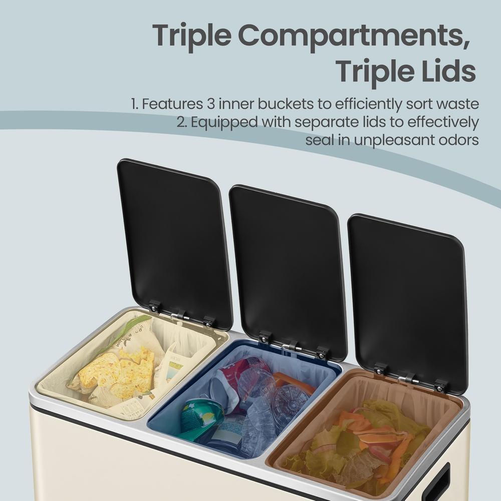 Triple Pedal Bin, 54 L Recycling Kitchen Waste Bin, Soft-Close Lids, Steel, for Home, Beige - image 5