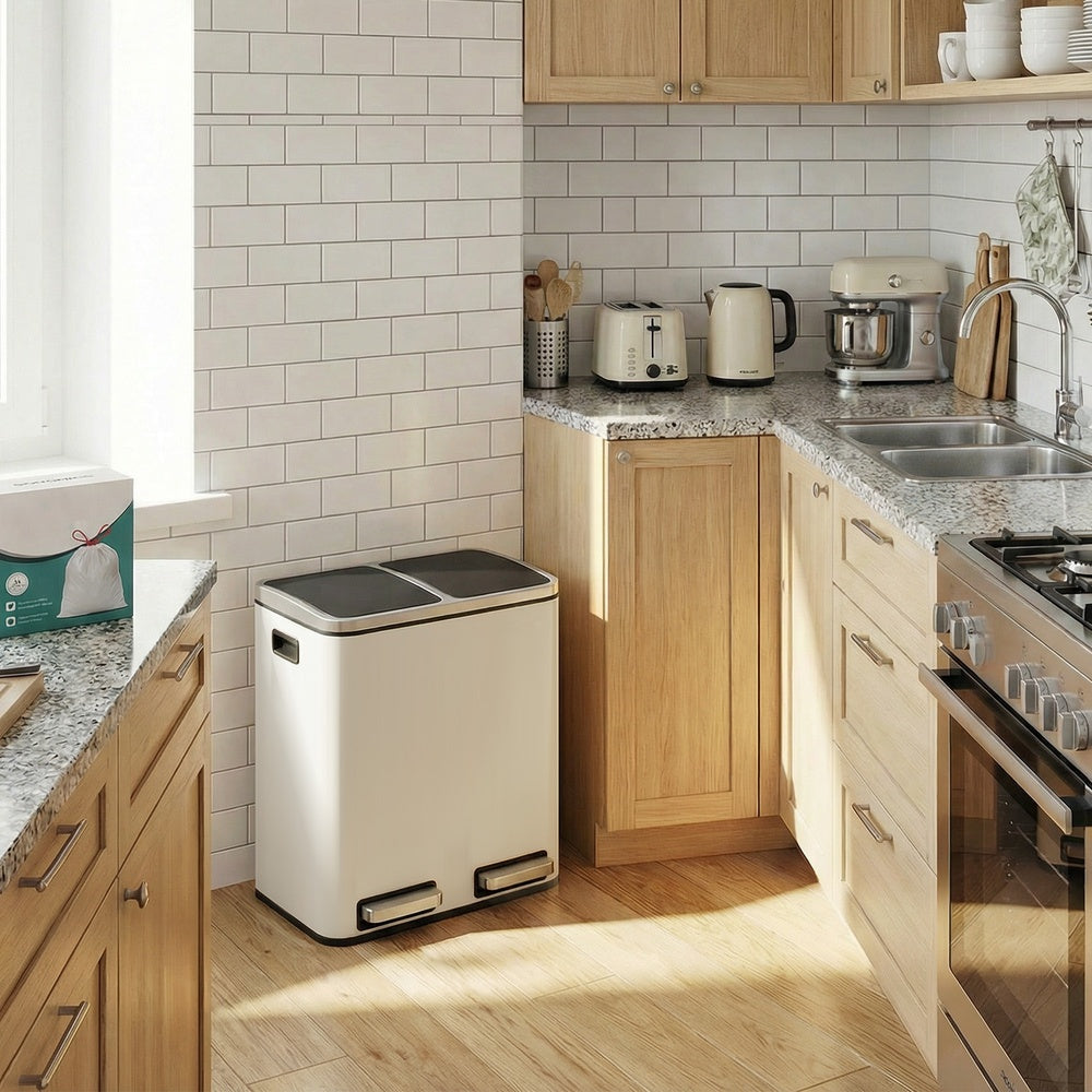Dual Rubbish Bin for Recycling and Waste, Waste Bin with Inner Buckets, Soft Close, Sand Beige and Black - image 6
