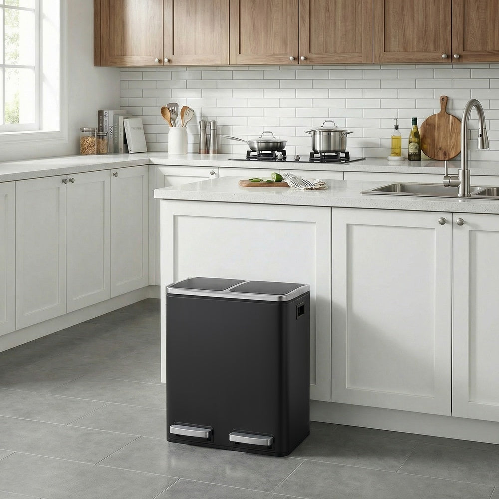 Dual Rubbish Bin for Recycling and Waste, Waste Bin with Inner Buckets, Soft Close, Sand Beige and Black - image 12