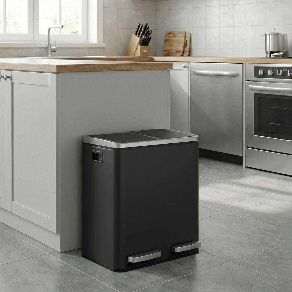 Dual Rubbish Bin for Recycling and Waste, Waste Bin with Inner Buckets, Soft Close, Sand Beige and Black - image 16