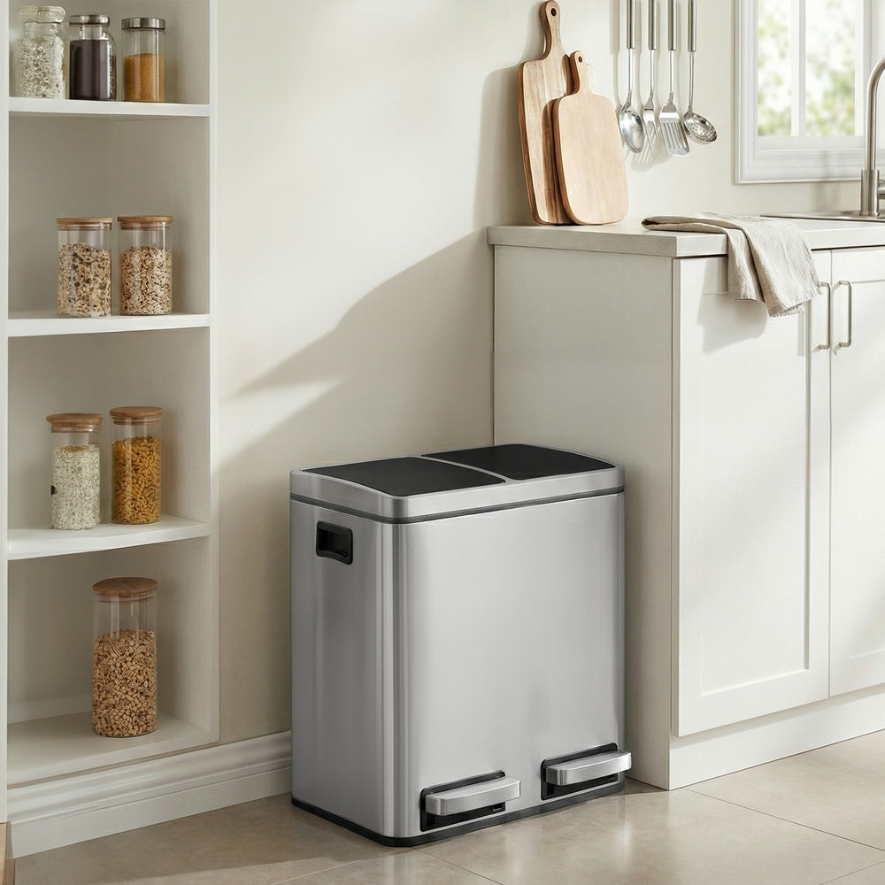 Dual Rubbish Bin for Recycling and Waste, Waste Bin with Inner Buckets, Soft Close, Sand Beige and Black - image 29