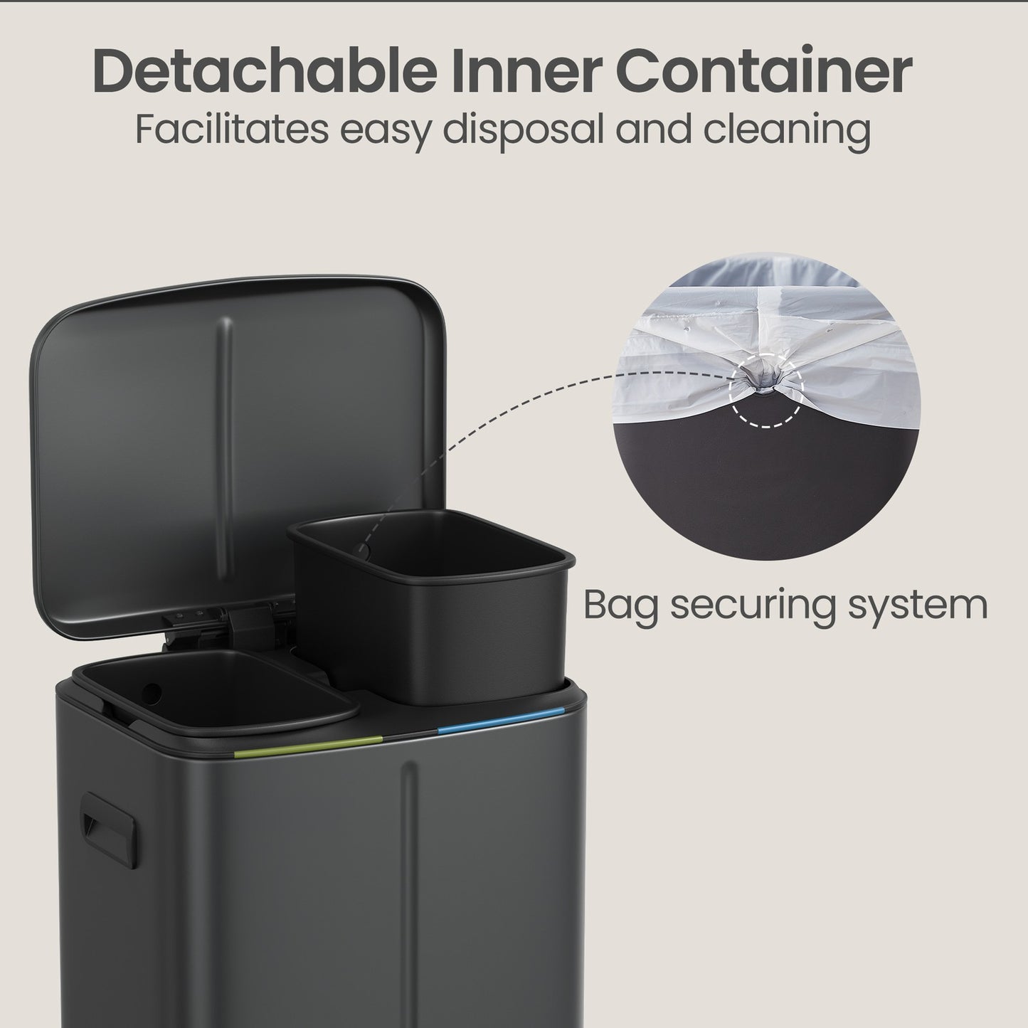 40L Double Kitchen Bin with Lids, Rubbish Bin, Soft Close with Plastic Inner Buckets - image 7