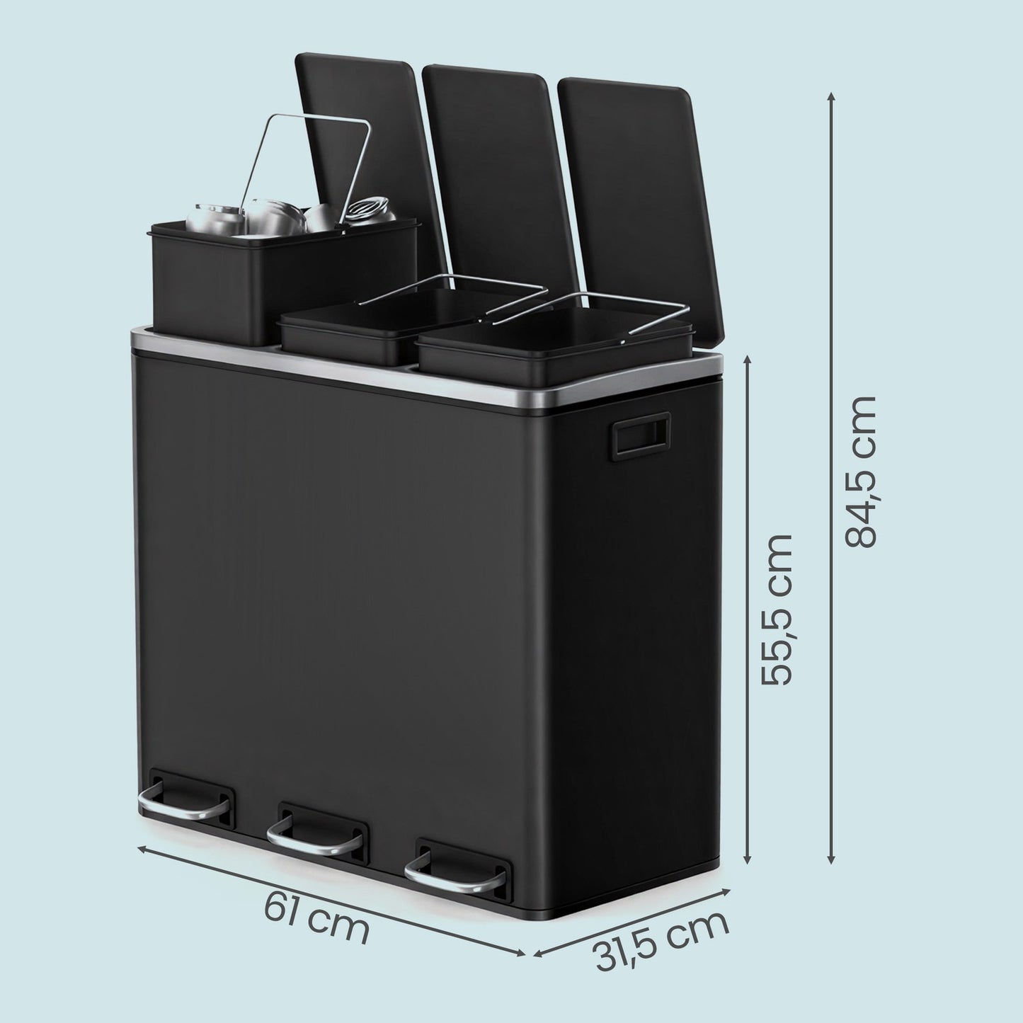 Triple Pedal Bin, 54 L Recycling Kitchen Waste Bin, Soft-Close Lids, Steel, for Home, Beige - image 29