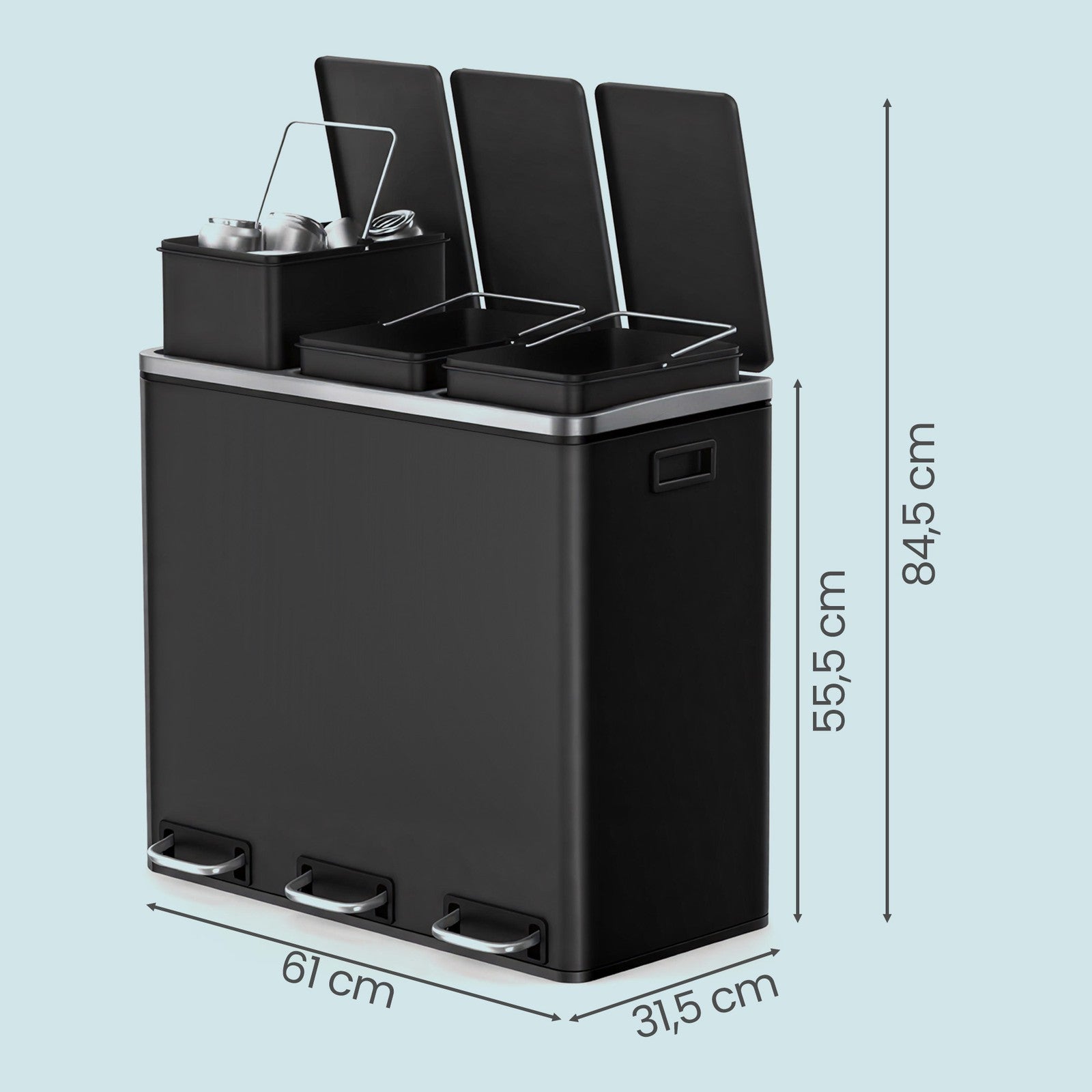 Triple Pedal Bin, 54 L Recycling Kitchen Waste Bin, Soft-Close Lids, Steel, for Home, Beige - image 29