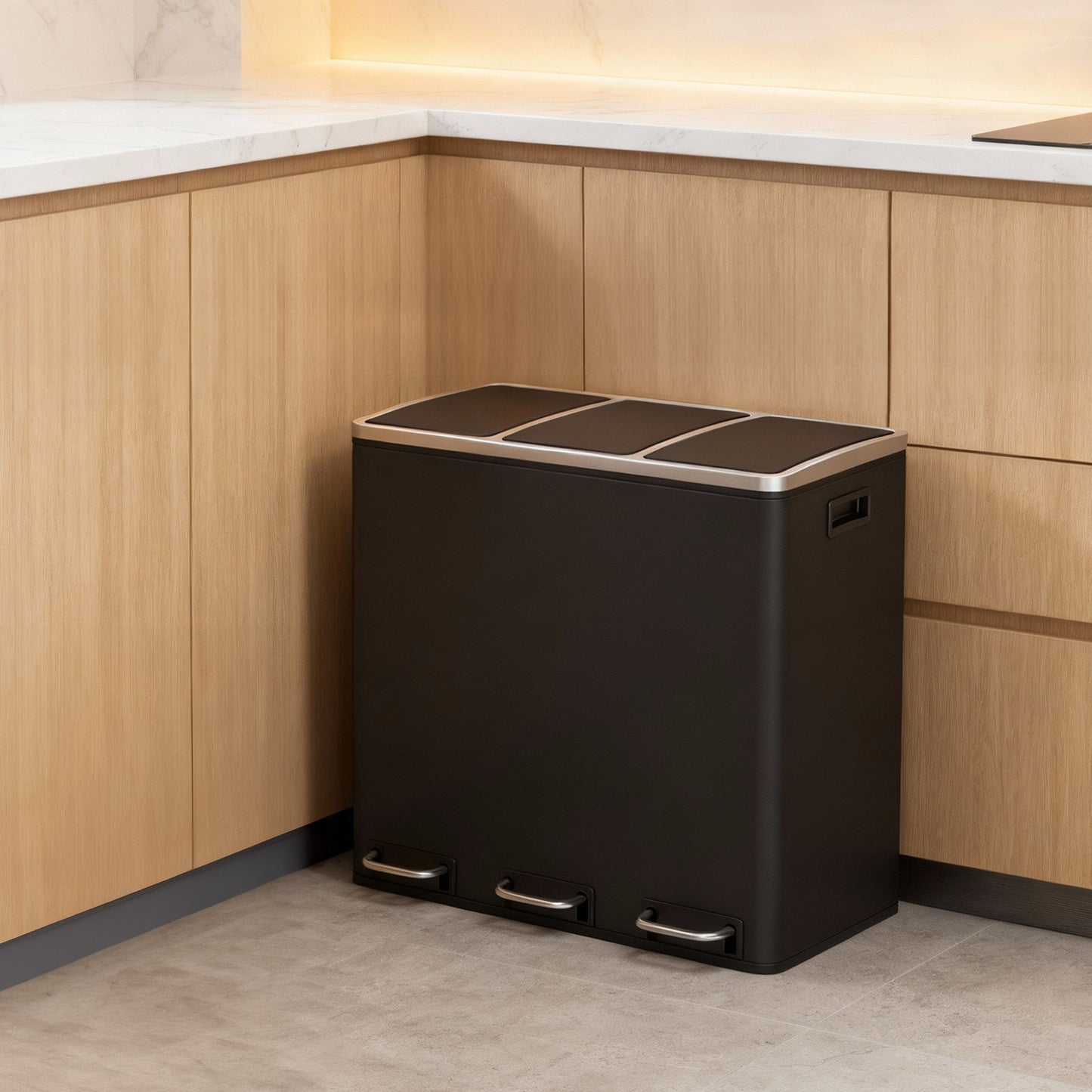 Triple Pedal Bin, 54 L Recycling Kitchen Waste Bin, Soft-Close Lids, Steel, for Home, Beige - image 28