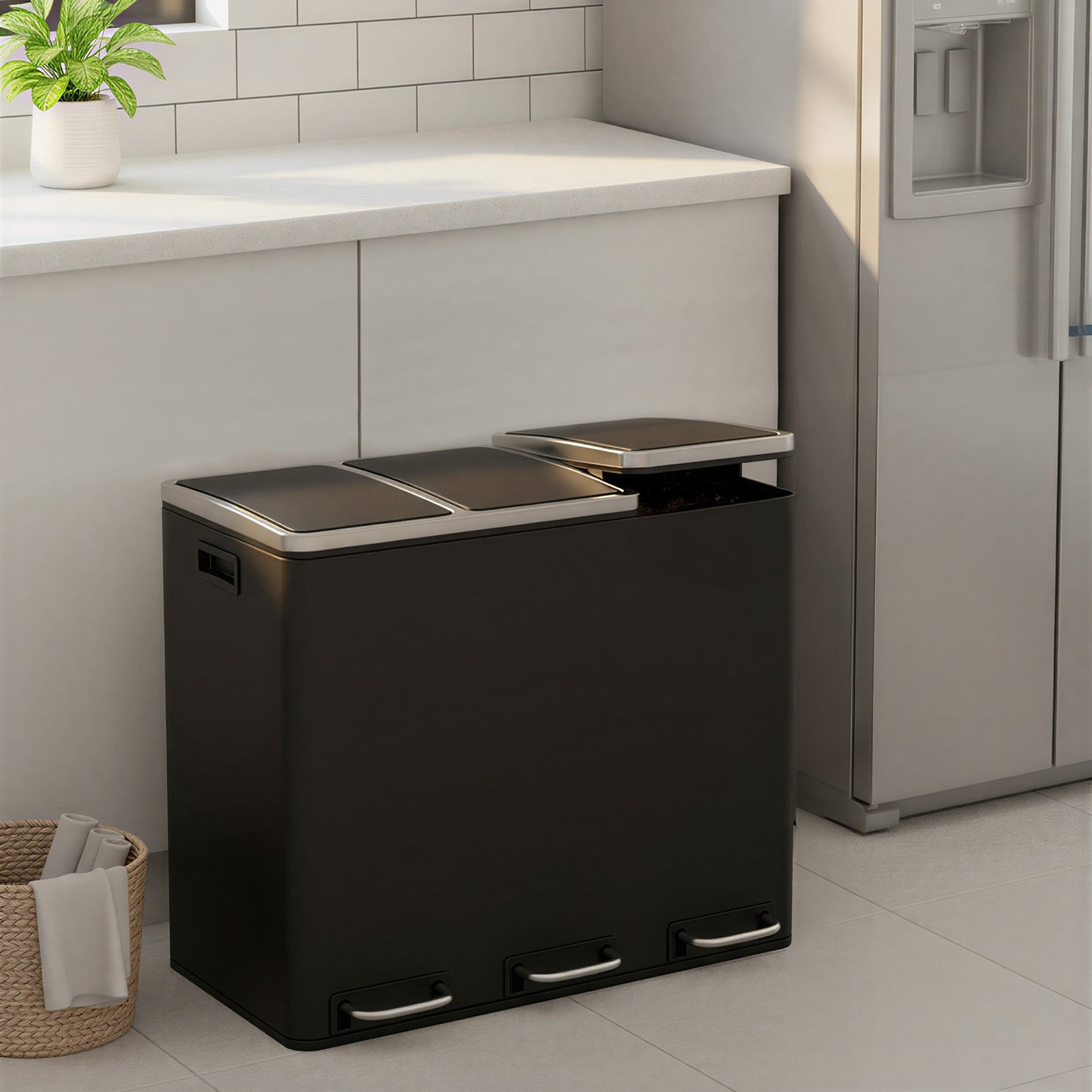 Triple Pedal Bin, 54 L Recycling Kitchen Waste Bin, Soft-Close Lids, Steel, for Home, Beige - image 32