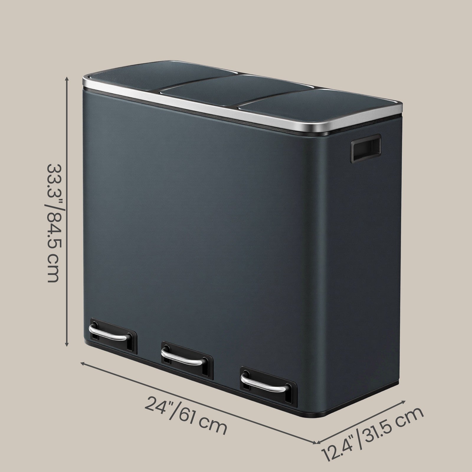 Triple Pedal Bin, 54 L Recycling Kitchen Waste Bin, Soft-Close Lids, Steel, for Home, Beige - image 37