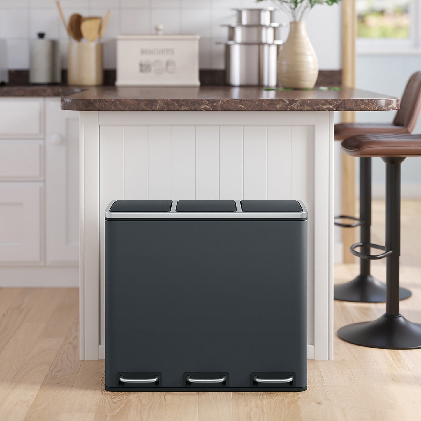 Triple Pedal Bin, 54 L Recycling Kitchen Waste Bin, Soft-Close Lids, Steel, for Home, Beige - image 36