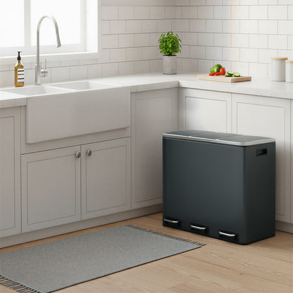 Triple Pedal Bin, 54 L Recycling Kitchen Waste Bin, Soft-Close Lids, Steel, for Home, Beige - image 39