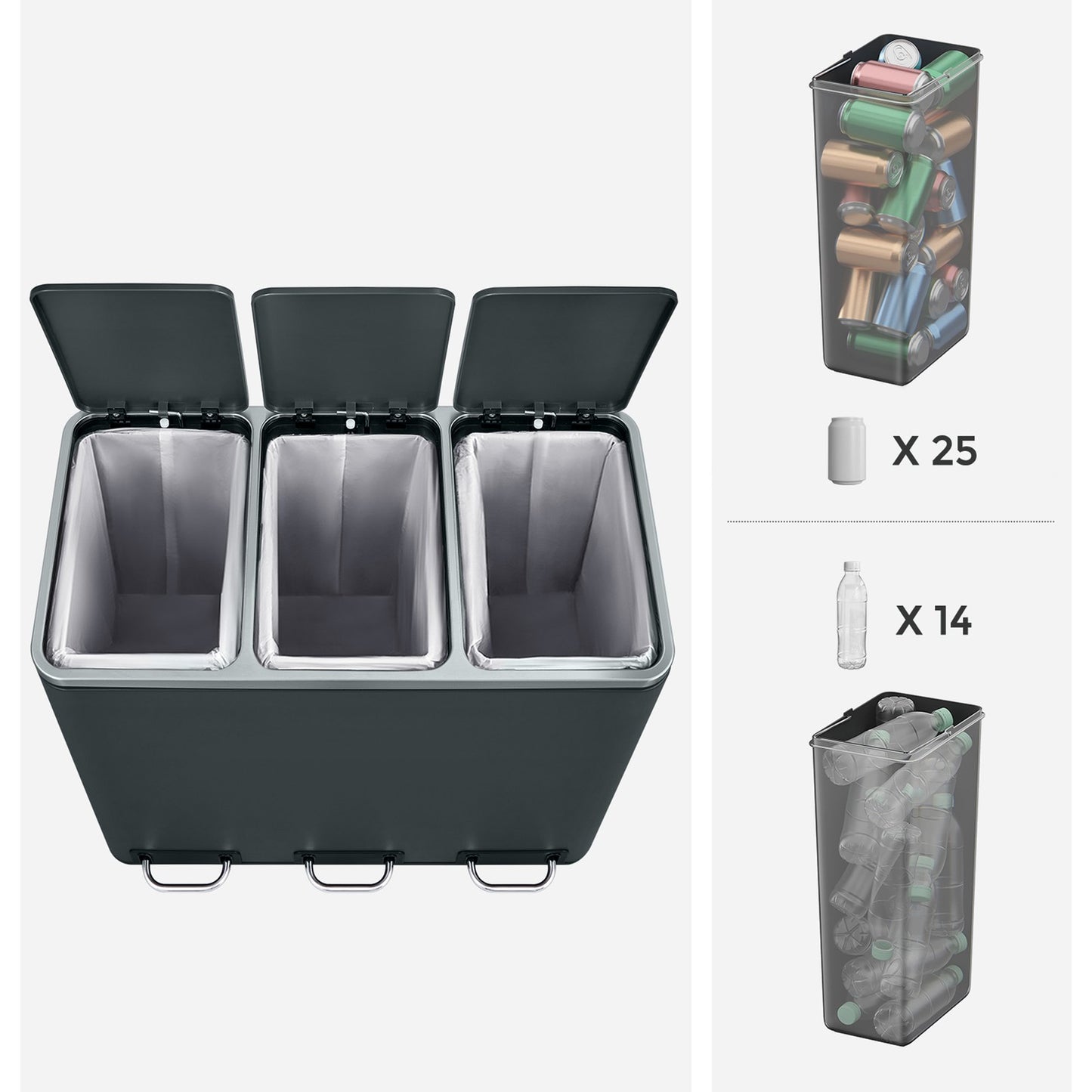 Triple Pedal Bin, 54 L Recycling Kitchen Waste Bin, Soft-Close Lids, Steel, for Home, Beige - image 38