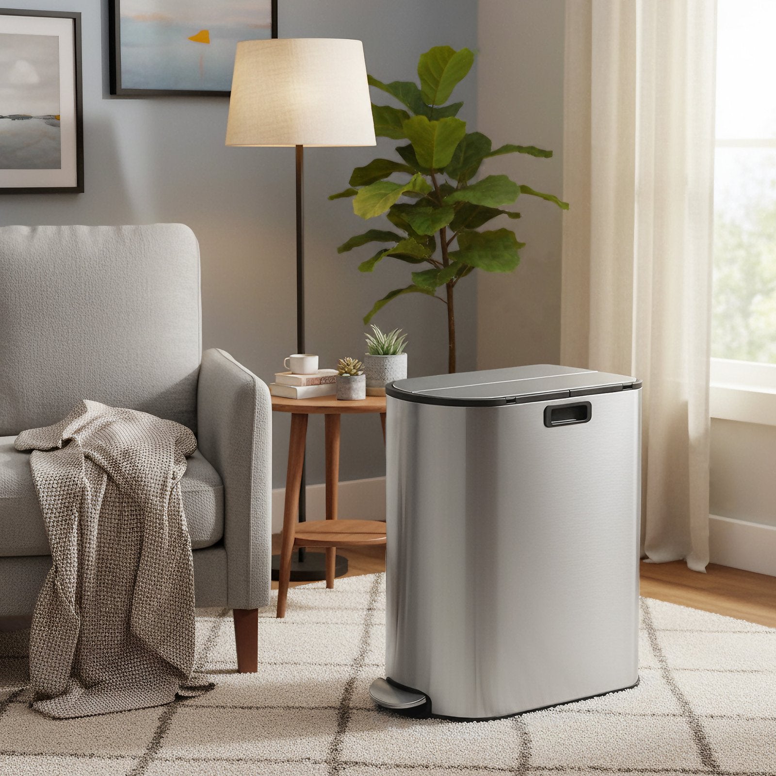 Dual Compartment Recycling Bin, 30L and 20L Pedal Kitchen Waste Bin with Slim Design, Wing Lids - image 5