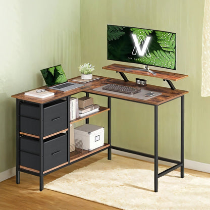 Corner Computer Desk with Monitor Stand, 115 cm Wide, Adjustable Shelf, 2 Drawers, for Home Office, Brown - image 1