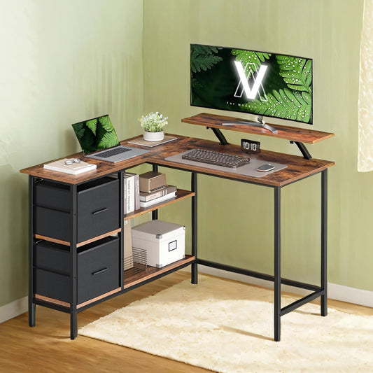 Corner Computer Desk with Monitor Stand, 115 cm Wide, Adjustable Shelf, 2 Drawers, for Home Office, Brown - image 1