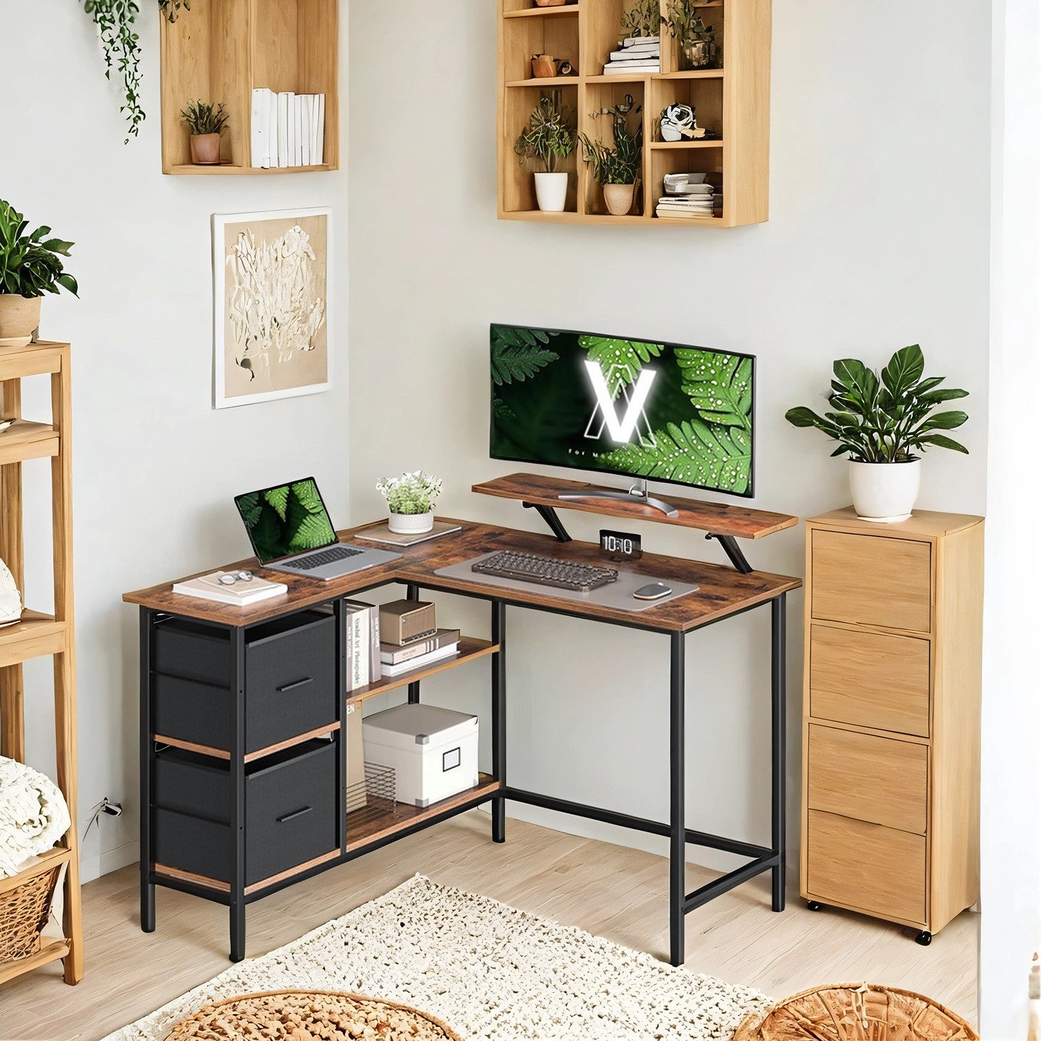 Corner Computer Desk with Monitor Stand, 115 cm Wide, Adjustable Shelf, 2 Drawers, for Home Office, Brown - image 2