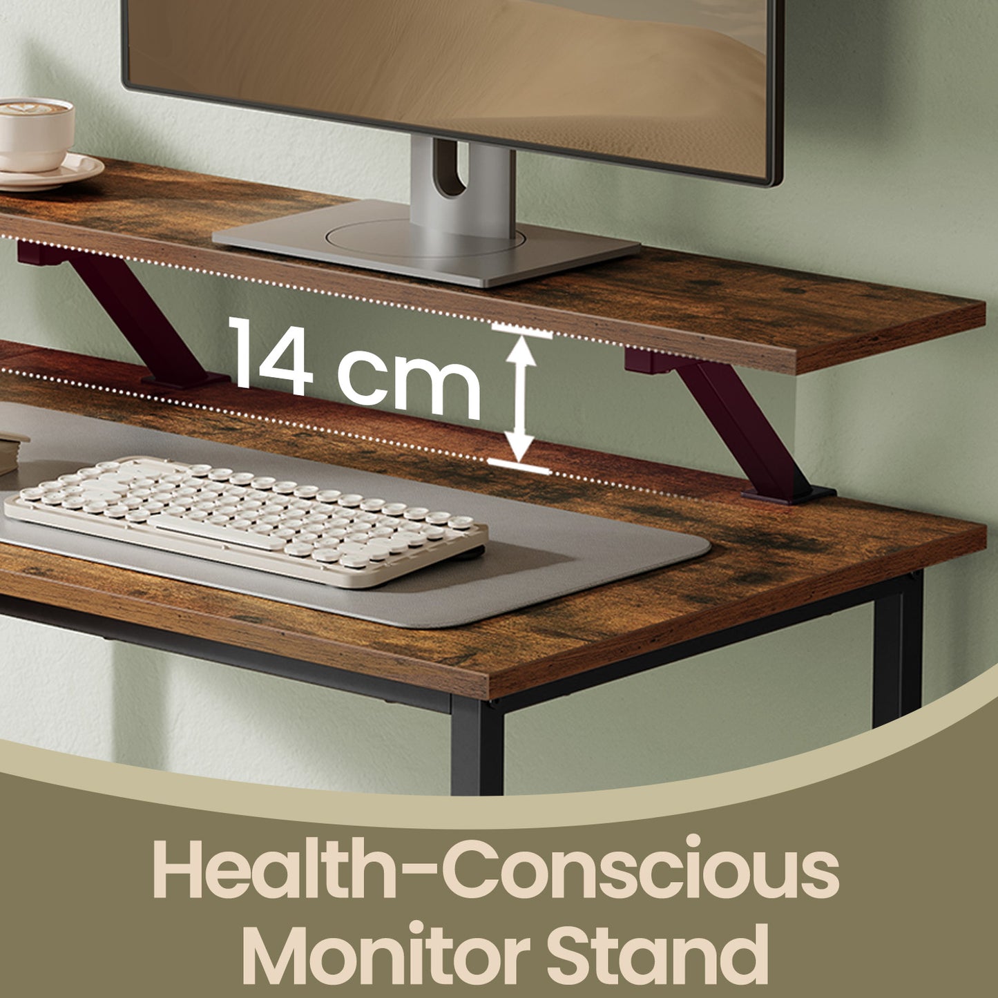 Corner Computer Desk with Monitor Stand, 115 cm Wide, Adjustable Shelf, 2 Drawers, for Home Office, Brown - image 3