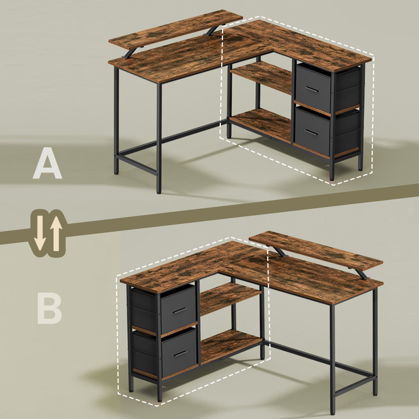 Corner Computer Desk with Monitor Stand, 115 cm Wide, Adjustable Shelf, 2 Drawers, for Home Office, Brown - image 4