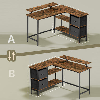 Corner Computer Desk with Monitor Stand, 115 cm Wide, Adjustable Shelf, 2 Drawers, for Home Office, Brown - image 4