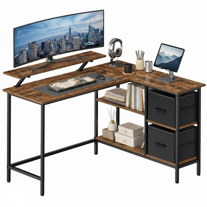 Corner Computer Desk with Monitor Stand, 115 cm Wide, Adjustable Shelf, 2 Drawers, for Home Office, Brown - image 22