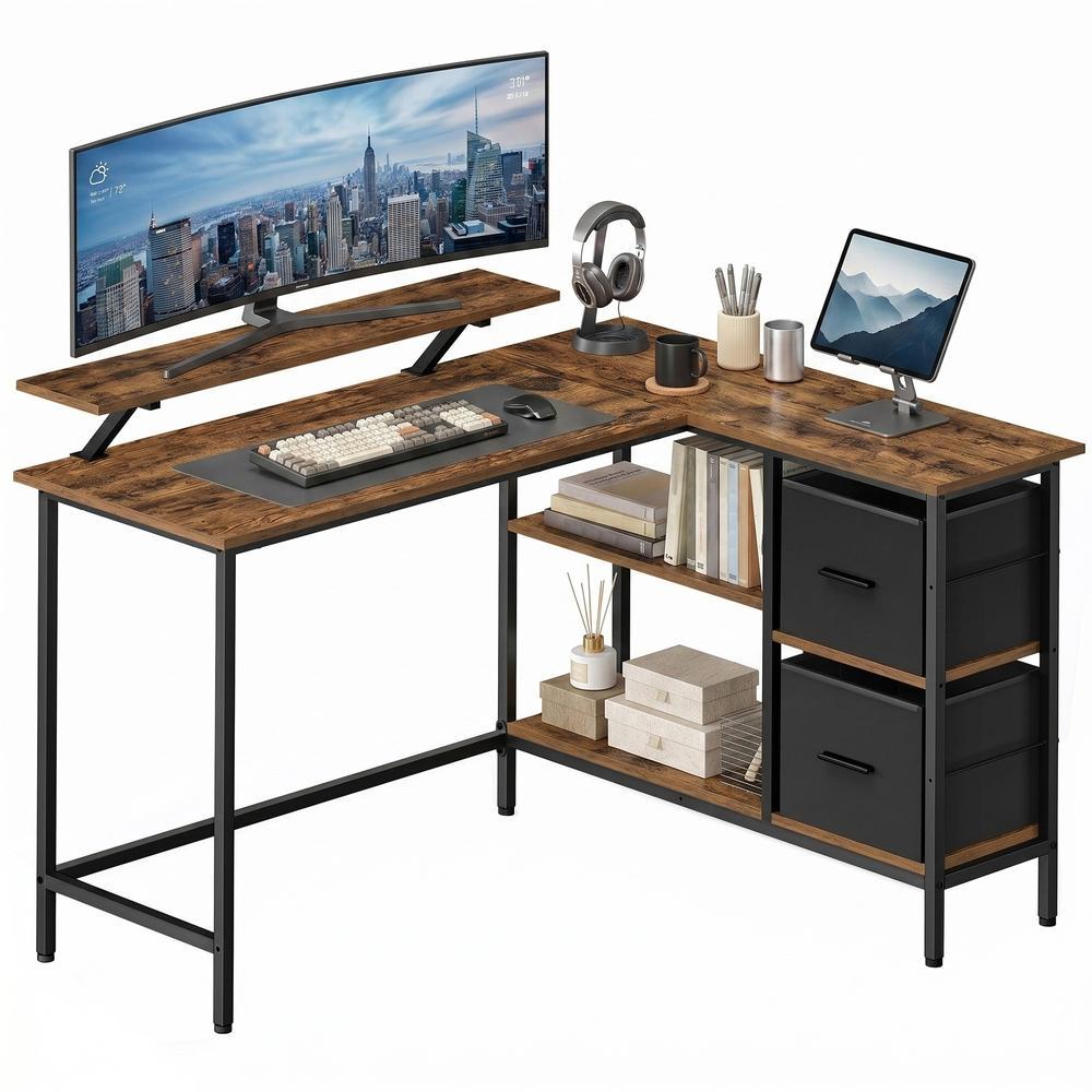 Corner Computer Desk with Monitor Stand, 135 cm Wide, Adjustable Shelf, 2 Drawers, for Home Office, Brown - image 1