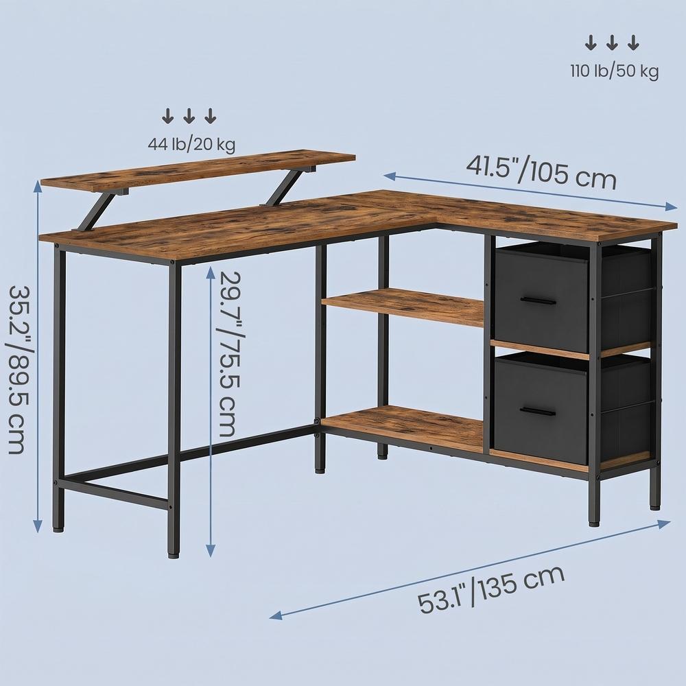 Corner Computer Desk with Monitor Stand, 115 cm Wide, Adjustable Shelf, 2 Drawers, for Home Office, Brown - image 23