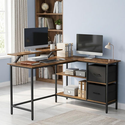 Corner Computer Desk with Monitor Stand, 115 cm Wide, Adjustable Shelf, 2 Drawers, for Home Office, Brown - image 28